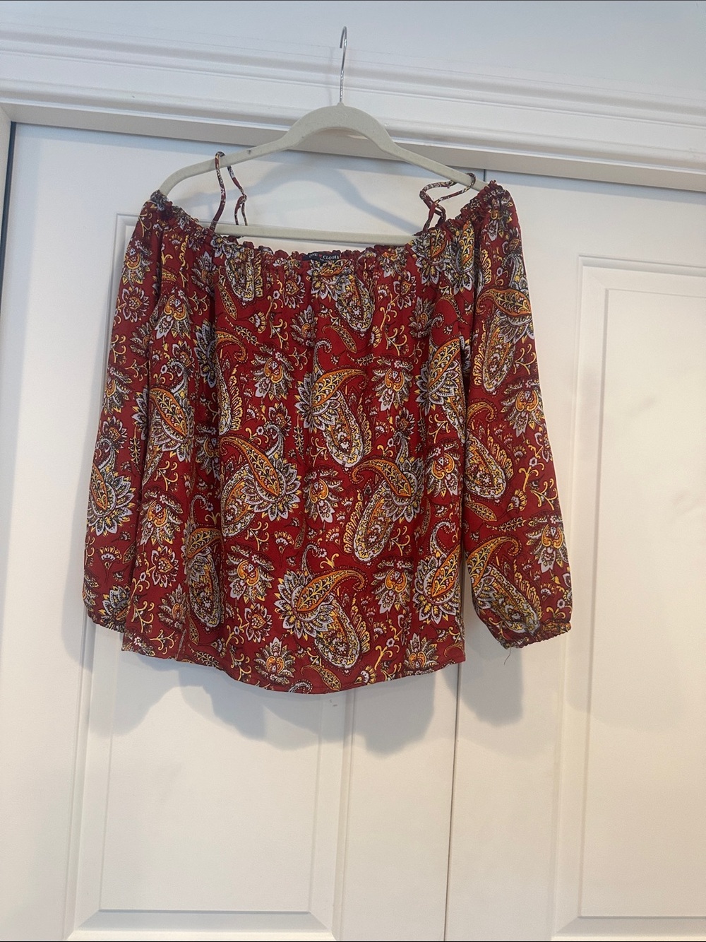 one clothing Red Paisley Off-Shoulder Blouse